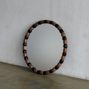 Round Teak Black Wall Mirror